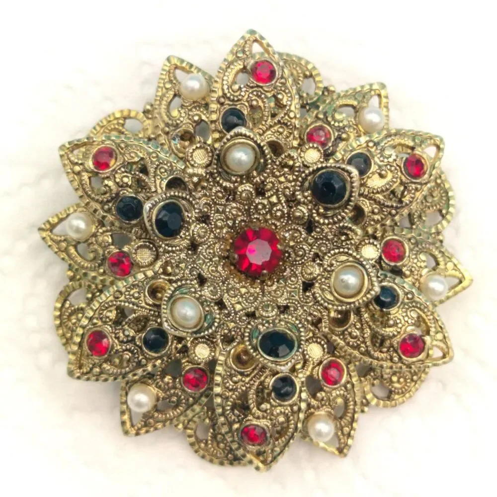 W. GERMANY Ornate Filigree Flower Brooch Pin 1.75